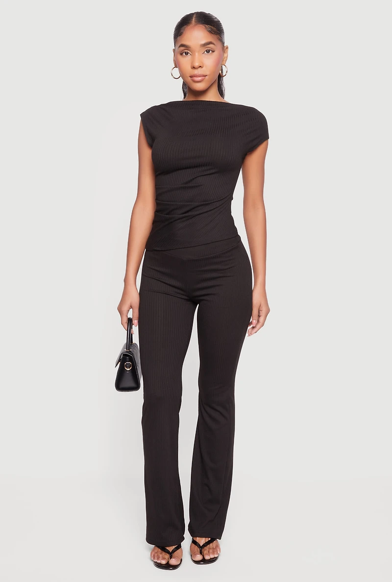 Ribbed Knit Cap Sleeve Ruched Top