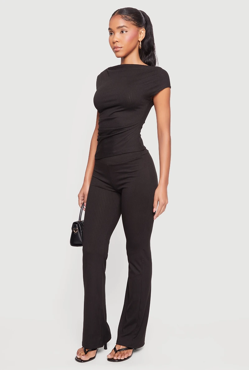 Ribbed Knit Cap Sleeve Ruched Top