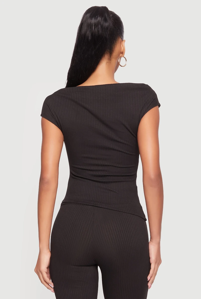 Ribbed Knit Cap Sleeve Ruched Top