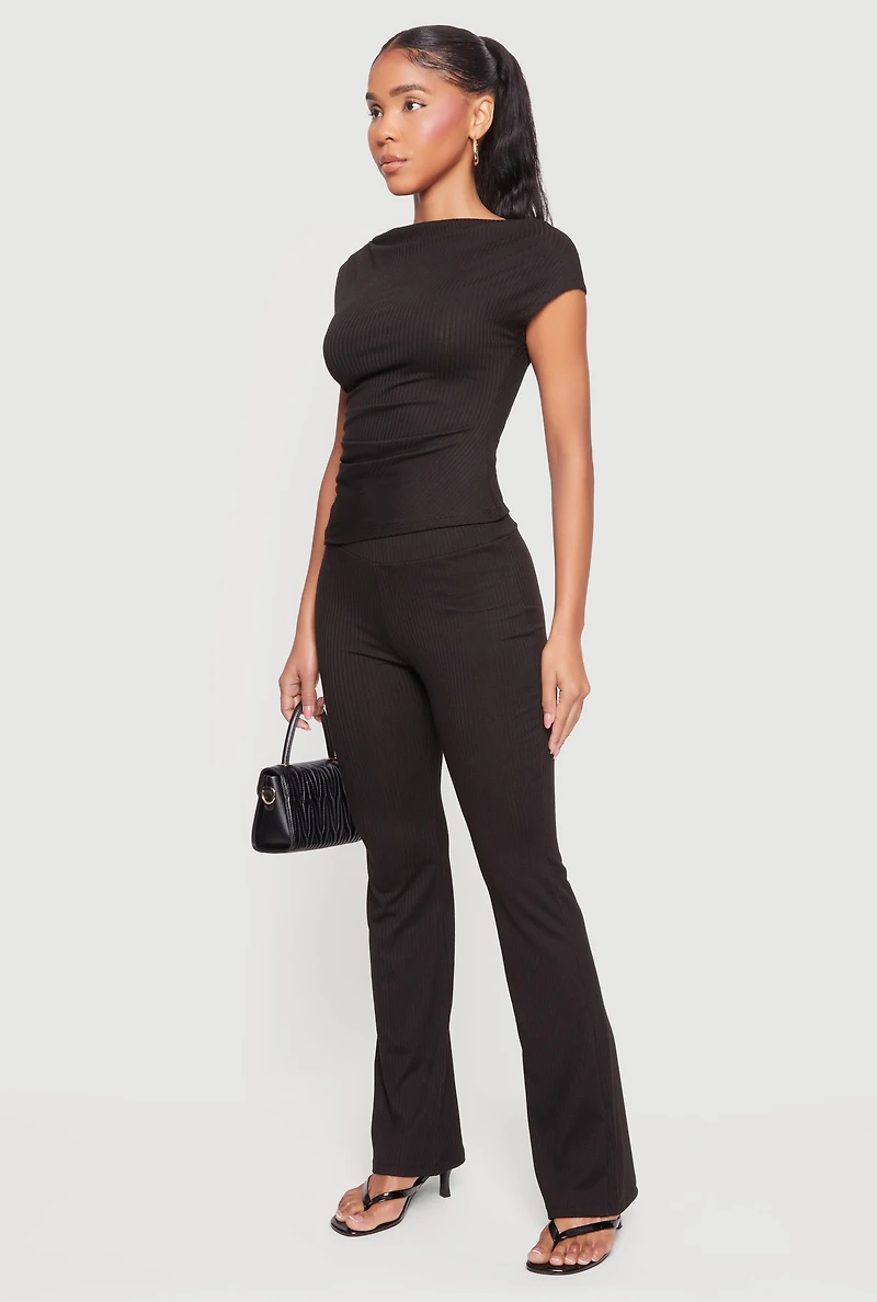 Ribbed Knit Straight Leg Pull On Pants