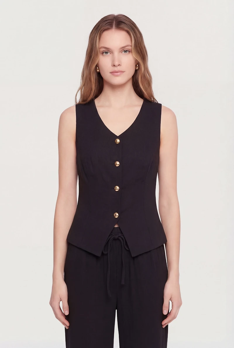 Linen V Neck Button Front Vest