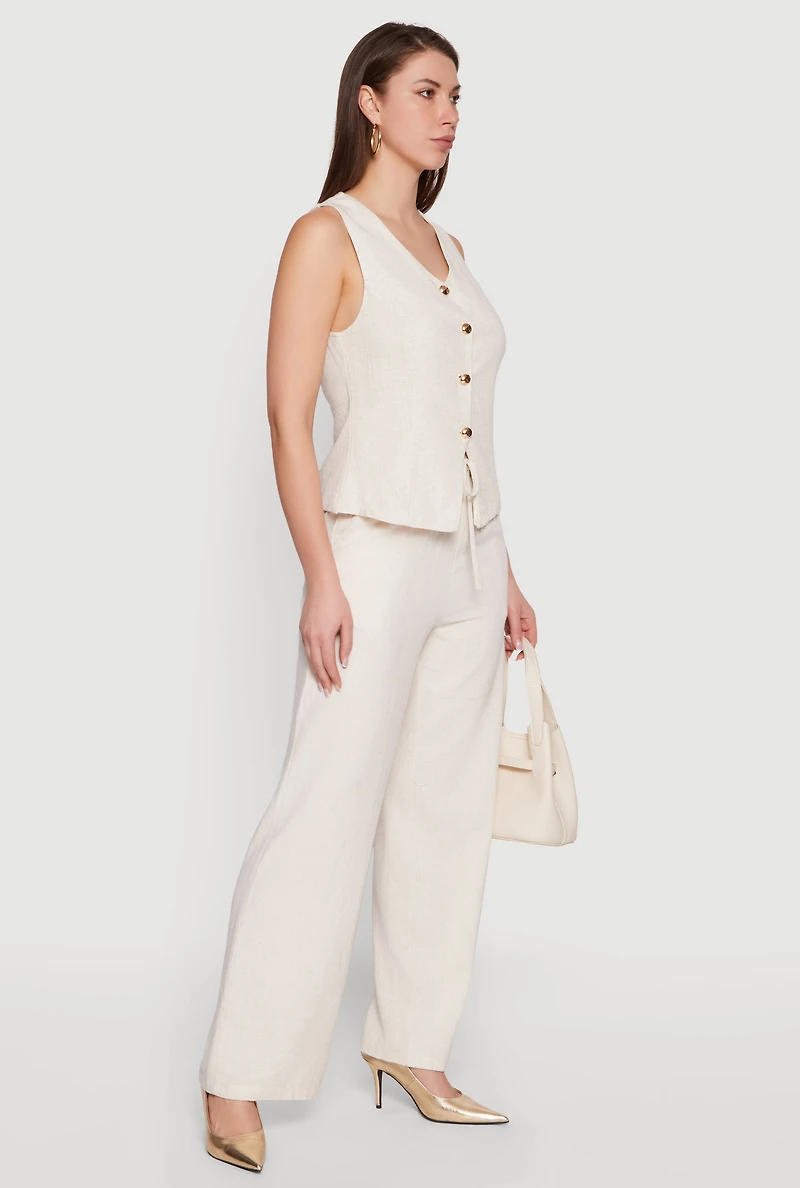 Linen High Waisted Wide Leg Pull On Pants
