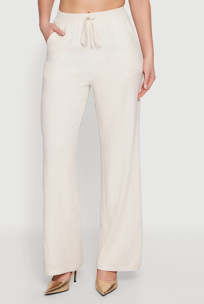 Linen High Waisted Wide Leg Pull On Pants