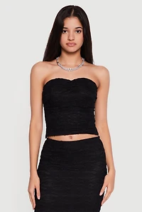 Floral Lace Ruched Front Side Slit Tube Top