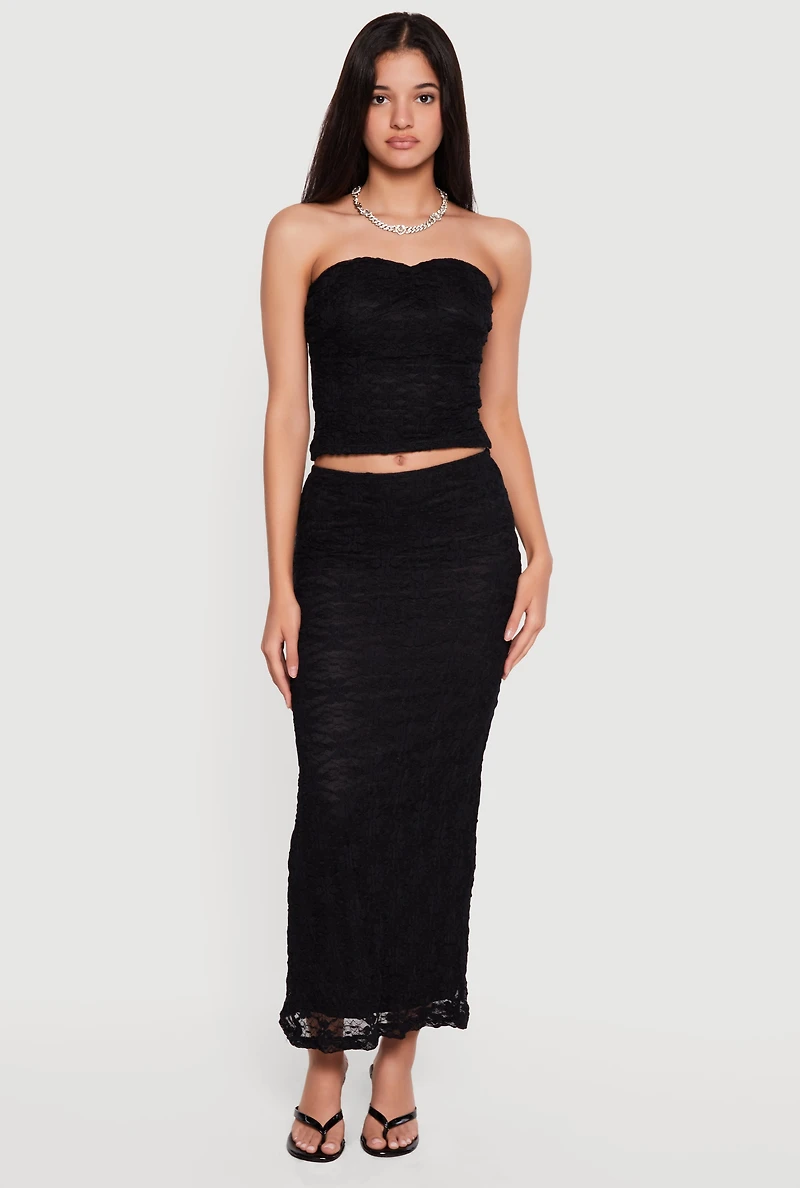 Floral Lace Ruched Front Side Slit Tube Top