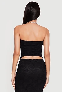 Floral Lace Ruched Front Side Slit Tube Top