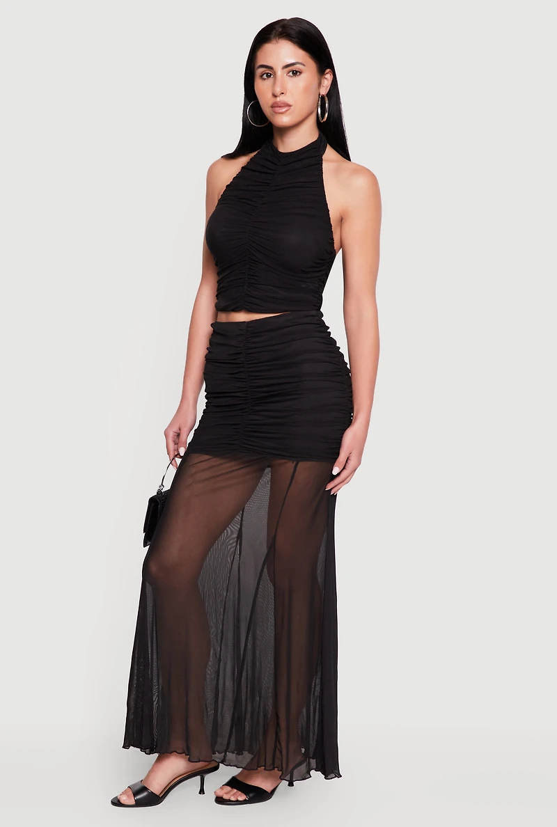 Ruched Mesh Overlay Mermaid Skirt