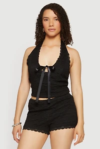 Scalloped Lace Trim Crop Halter Top