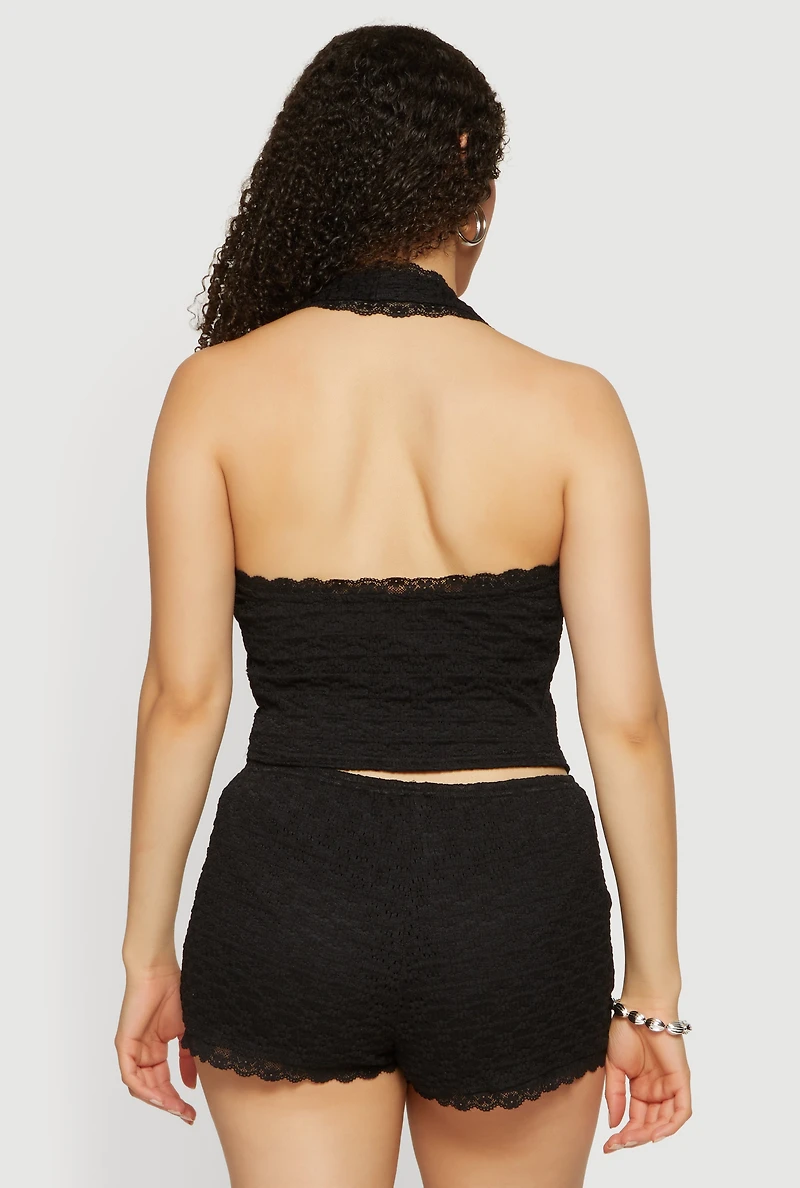Scalloped Lace Trim Crop Halter Top
