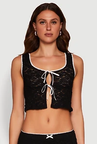 Womens Haute Monde Contrast Trim Tie Front Lace Crop Top, Black,