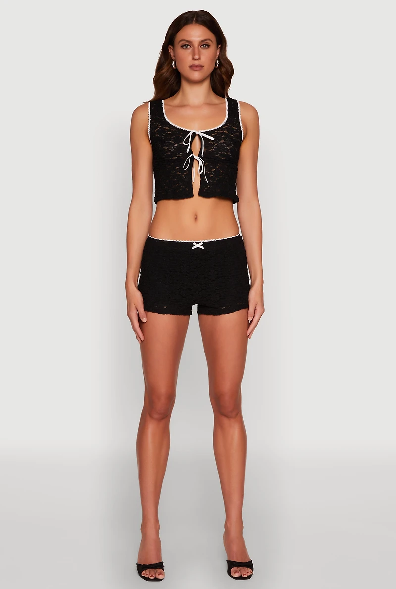 Haute Monde Contrast Trim Tie Front Lace Crop Top