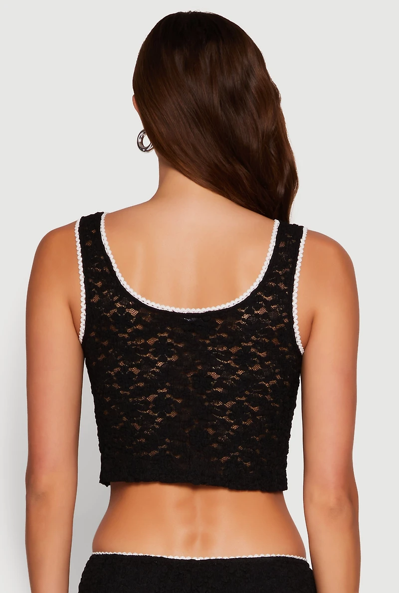 Womens Haute Monde Contrast Trim Tie Front Lace Crop Top, Black, Size L