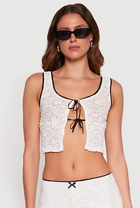 Womens Haute Monde Contrast Trim Tie Front Lace Crop Top, White, Size S