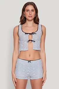 Womens Haute Monde Contrast Trim Tie Front Lace Crop Top, M