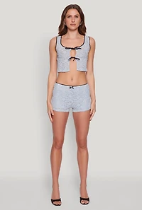 Womens Haute Monde Contrast Trim Tie Front Lace Crop Top, Blue, Size L