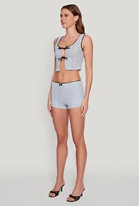 Womens Haute Monde Contrast Trim Tie Front Lace Crop Top, Blue, Size L