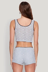 Womens Haute Monde Contrast Trim Tie Front Lace Crop Top, Blue, Size L