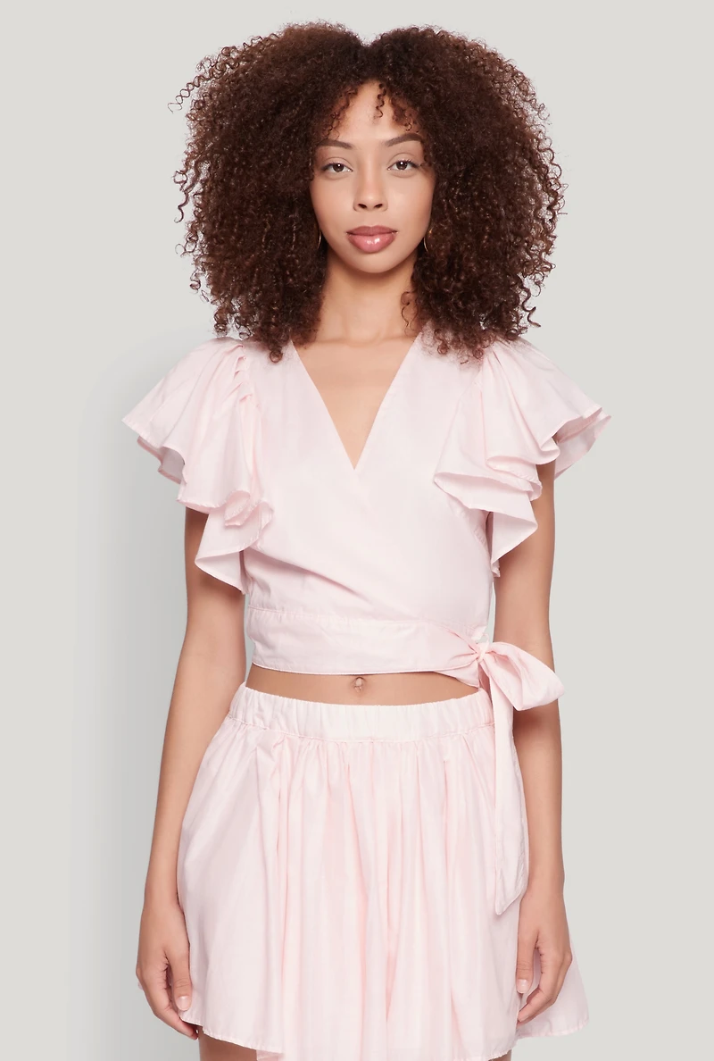 Womens Haute Monde Flutter Sleeve Side Tie Wrap Top, Pink, Size L