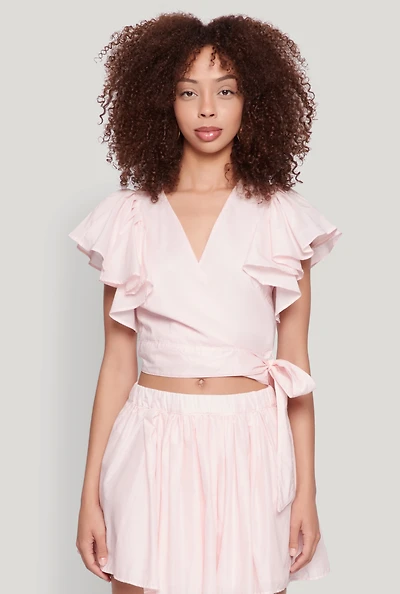 Womens Haute Monde Flutter Sleeve Side Tie Wrap Top, Pink, Size L