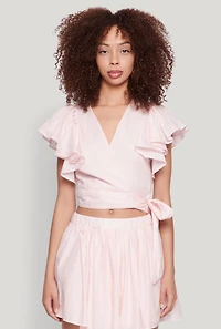 Womens Haute Monde Flutter Sleeve Side Tie Wrap Top, Pink, Size L