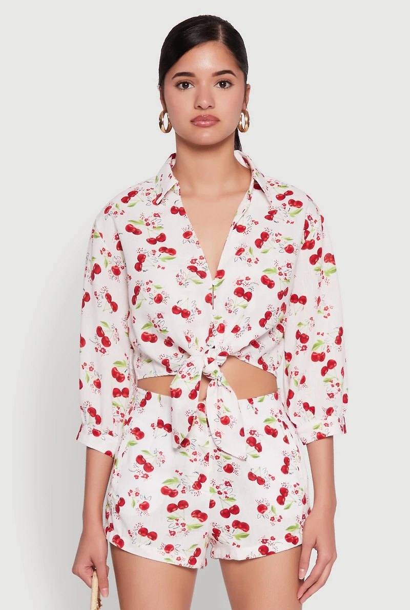 Womens Haute Monde Cherry Print Tie Front Crop Top, Multi, Size M