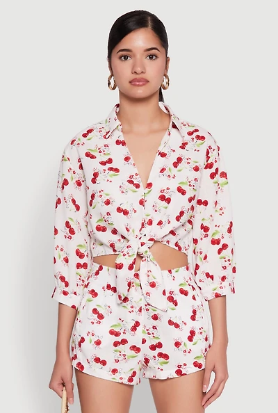 Womens Haute Monde Cherry Print Tie Front Crop Top, Multi, Size S
