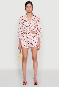 Womens Haute Monde Cherry Print Tie Front Crop Top, Multi, Size M