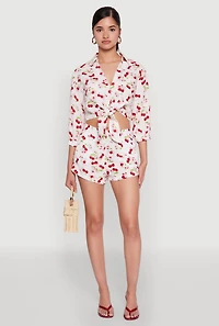 Womens Haute Monde Cherry Print Tie Front Crop Top, Multi, Size M