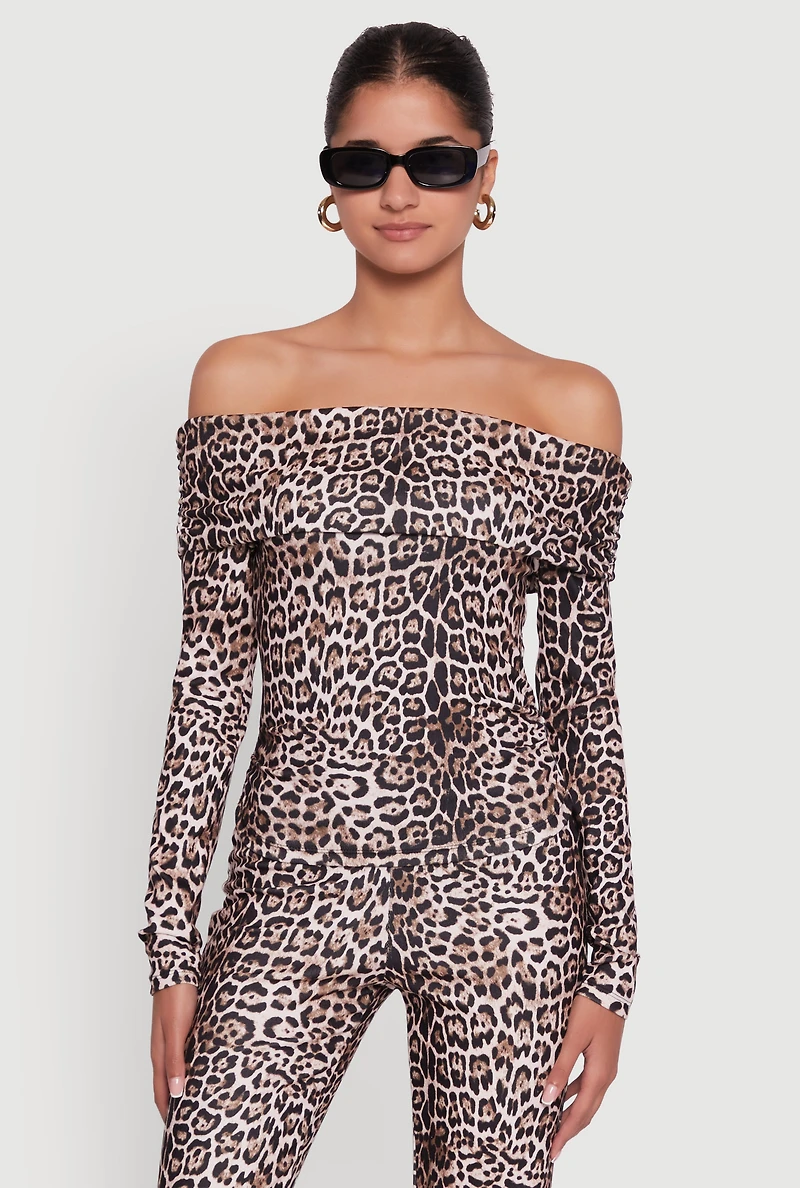 Womens Haute Monde Jaguar Print Fold Over Off The Shoulder Top, Multi, Size S
