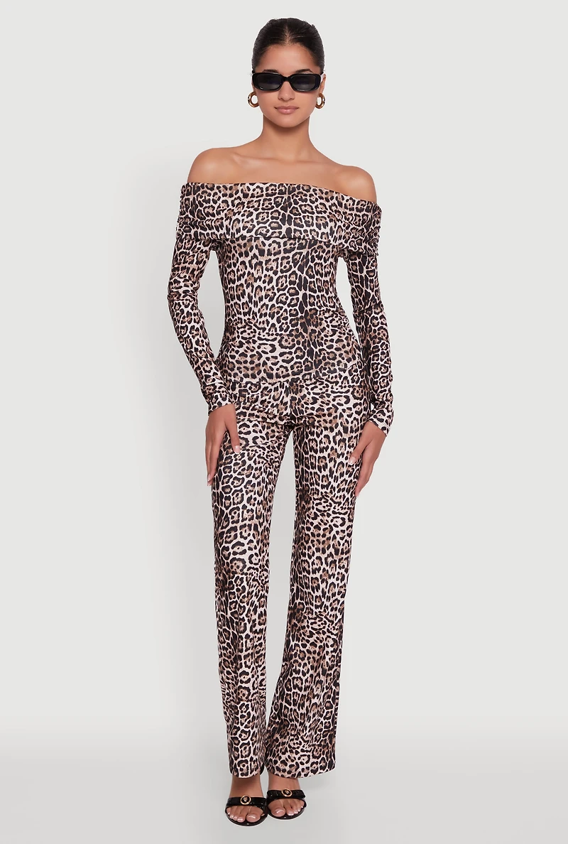 Womens Haute Monde Jaguar Print Fold Over Off The Shoulder Top, Multi, Size S