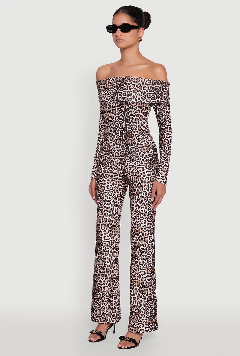 Womens Haute Monde Jaguar Print Fold Over Off The Shoulder Top, Multi, Size S