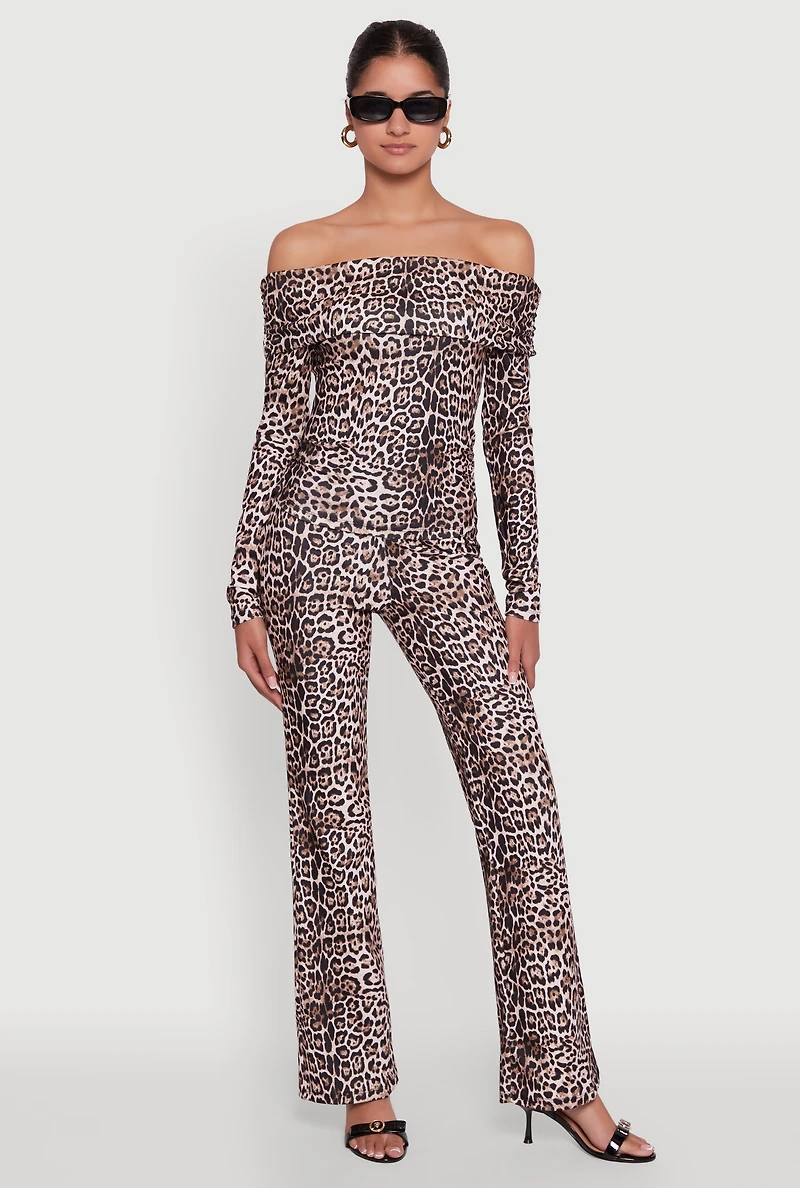 Womens Haute Monde Jaguar Print Flared Pants, Brown, Size L