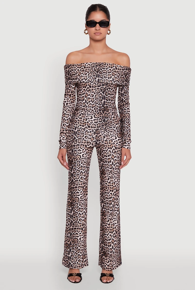 Womens Haute Monde Jaguar Print Flared Pants, Brown, Size L