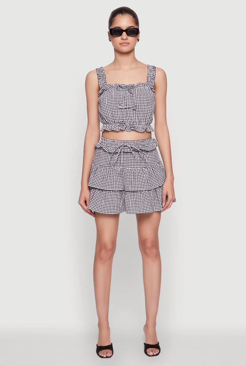 Womens Iris Gingham Square Neck Crop Top with Bows and Ruffles, Multi, Size L