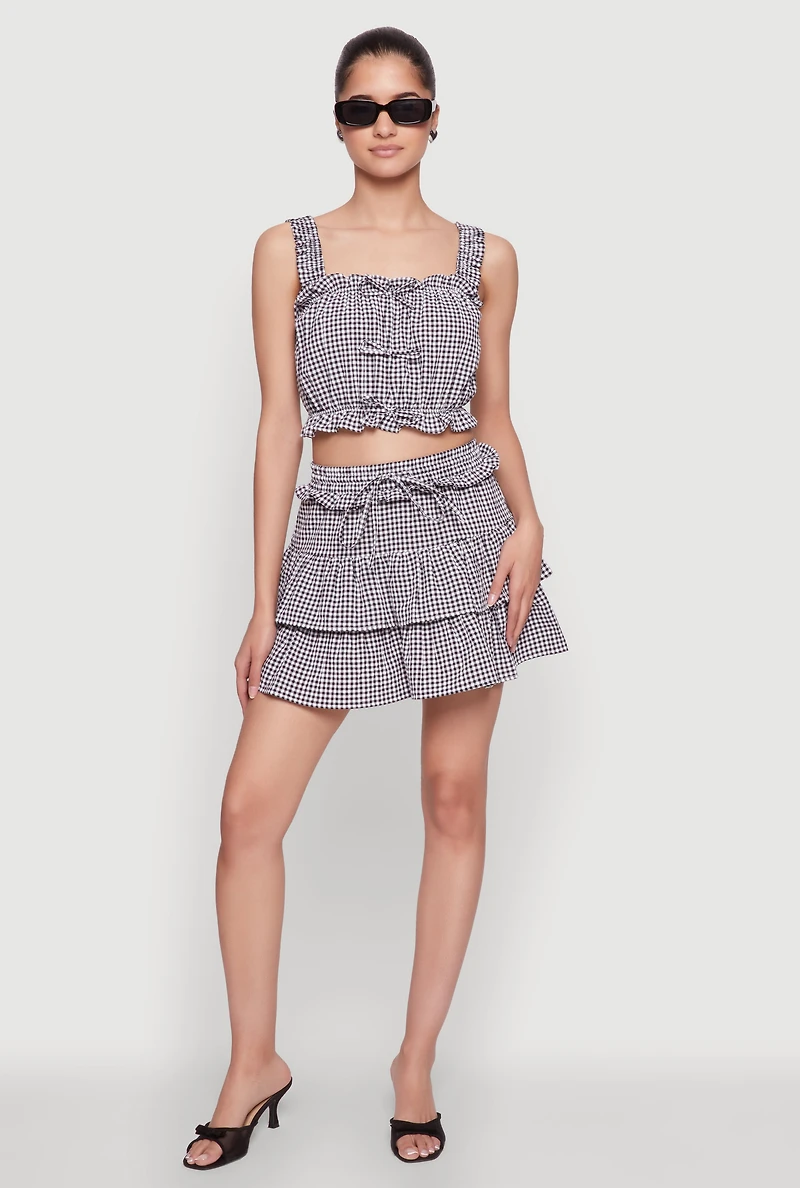 Iris Gingham Square Neck Crop Top with Bows and Ruffles