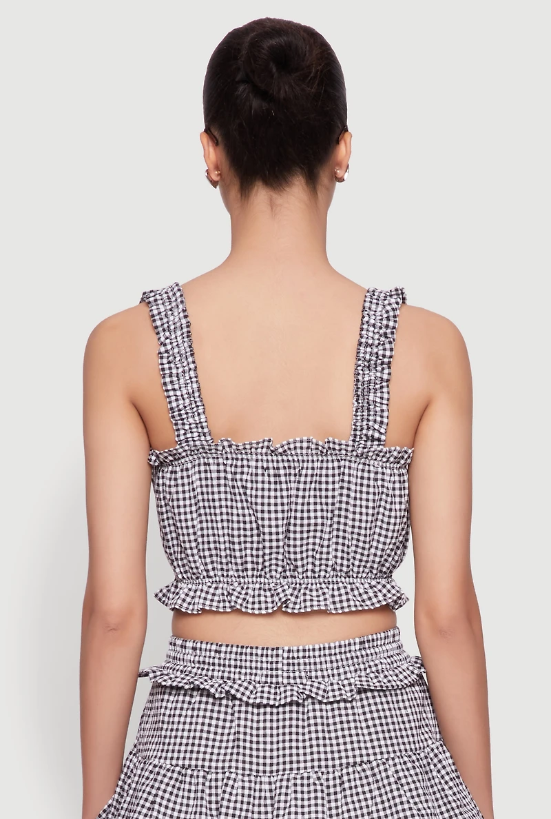Iris Gingham Square Neck Crop Top with Bows and Ruffles