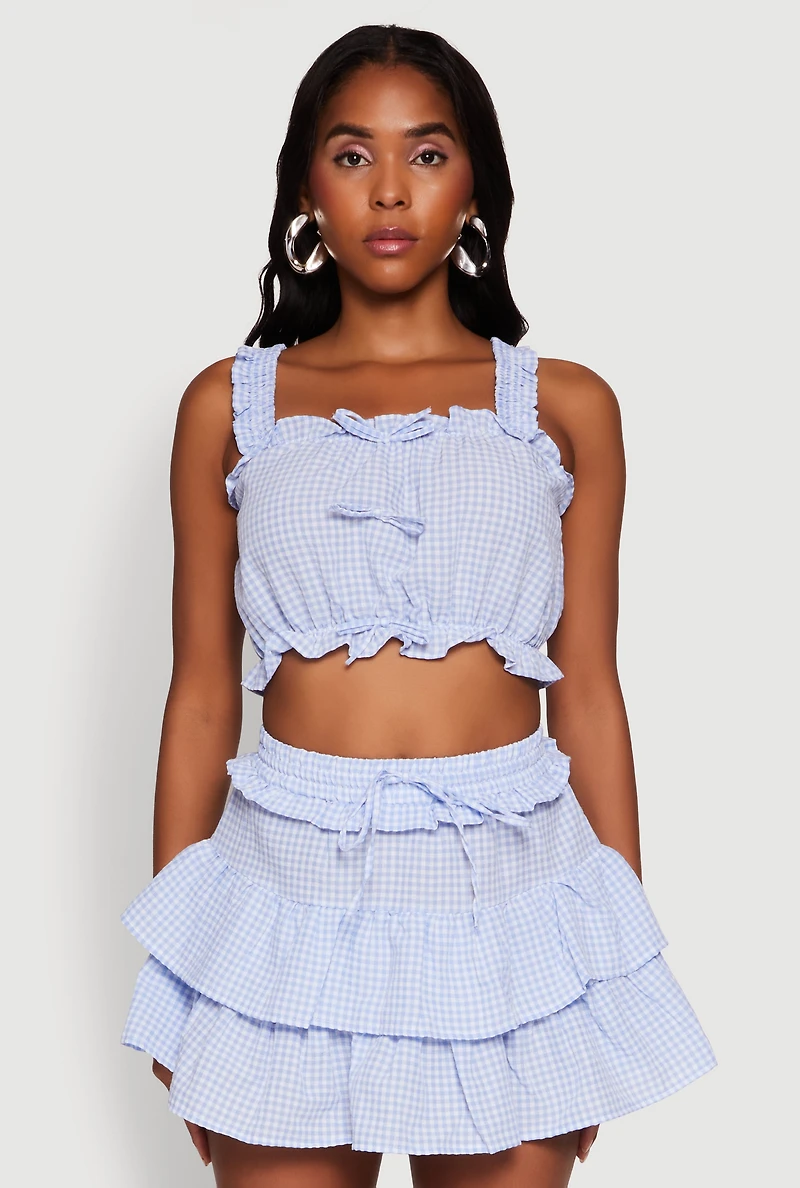 Womens Iris Gingham Square Neck Crop Top with Bows and Ruffles, Blue, Size L