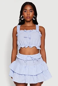 Womens Iris Gingham Square Neck Crop Top with Bows and Ruffles, Blue, Size L