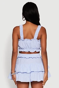 Womens Iris Gingham Square Neck Crop Top with Bows and Ruffles, Blue, Size L