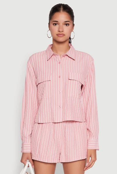 Womens Iris Classic Fit Textured Knit Shirt with Flap Pocket, Pink, Size M