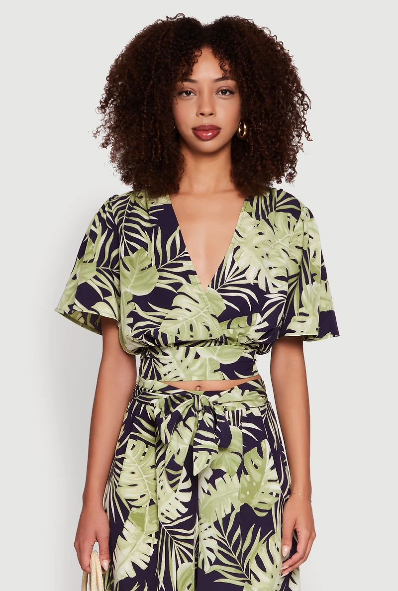 Womens Iris Tropical Leaf Print Faux Wrap Top, Multi, Size S