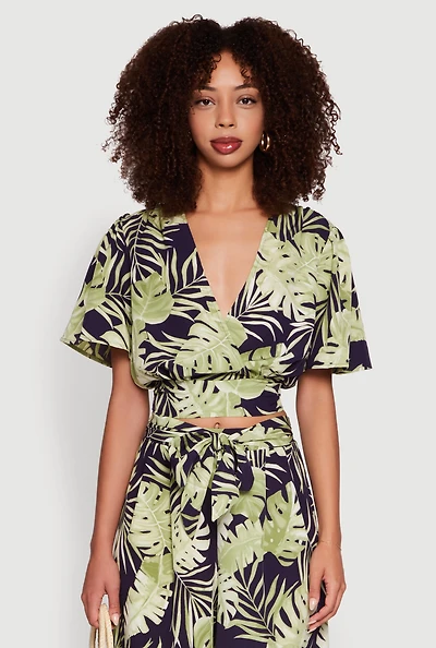 Womens Iris Tropical Leaf Print Faux Wrap Top, Multi, Size S