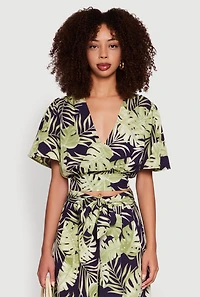 Womens Iris Tropical Leaf Print Faux Wrap Top, Multi, Size S