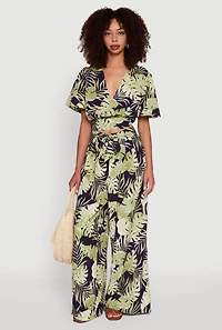 Womens Iris Tropical Leaf Print Faux Wrap Top, Multi, Size S