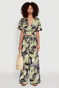 Womens Iris Tropical Leaf Print Faux Wrap Top, Multi, Size S