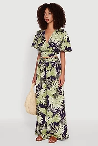 Womens Iris Tropical Leaf Print Faux Wrap Top, Multi, Size S