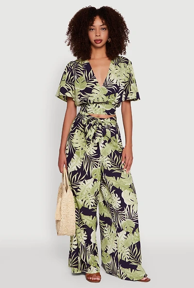 Womens Iris Floral Wide-Leg Palazzo Pants with Tie Waist Belt, Multi, Size M