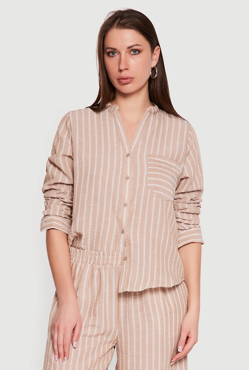 Striped V-Neck Button Front Long Sleeve Shirt