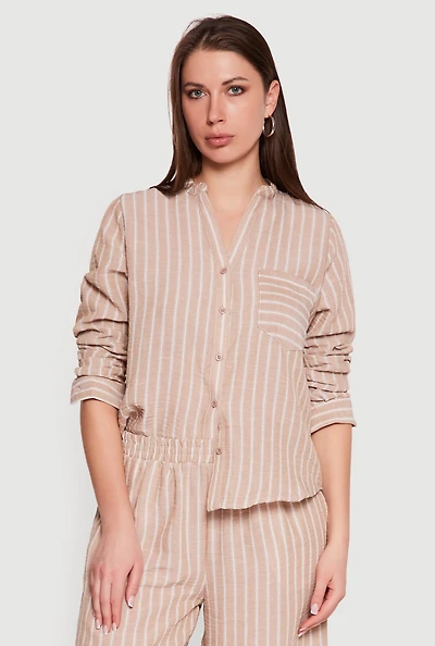 Striped V-Neck Button Front Long Sleeve Shirt