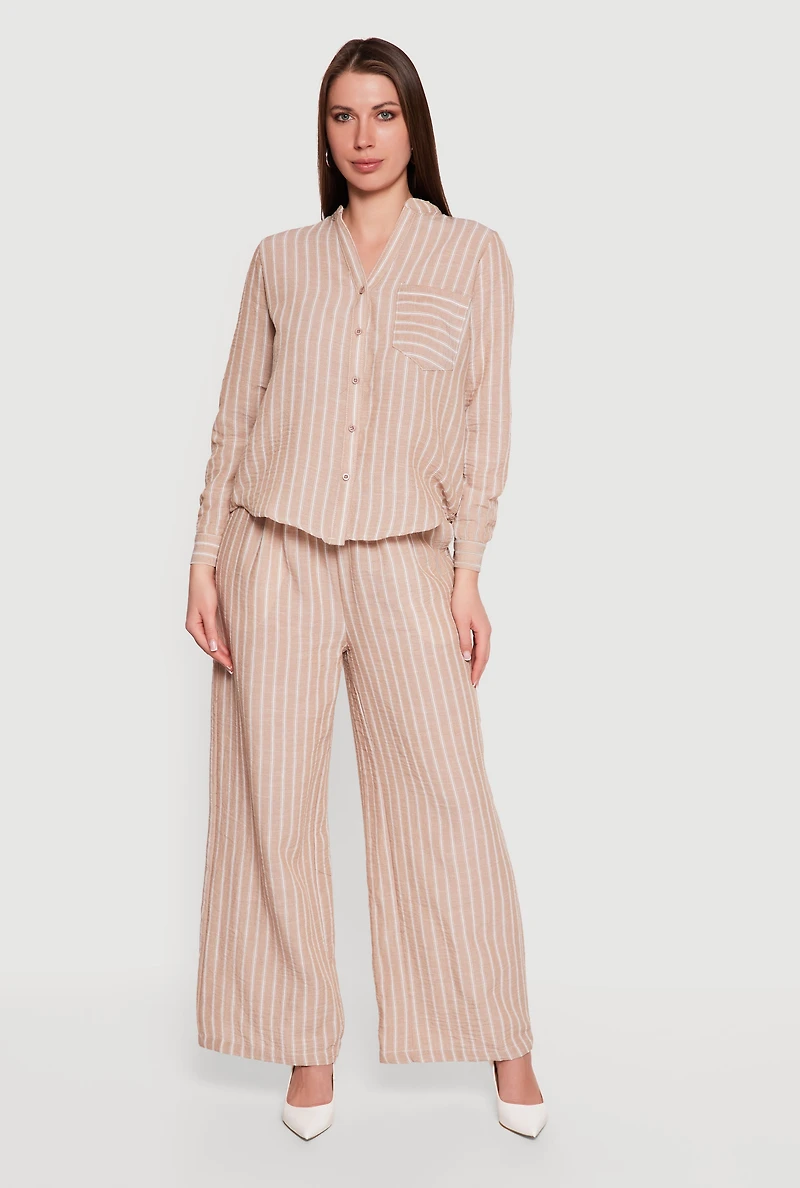 Striped V-Neck Button Front Long Sleeve Shirt